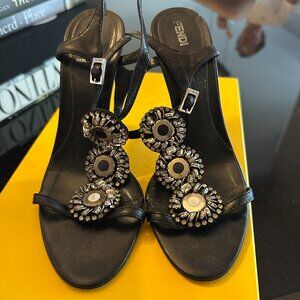 Fendi Black Embellished Leather Ankle Strap Sandals